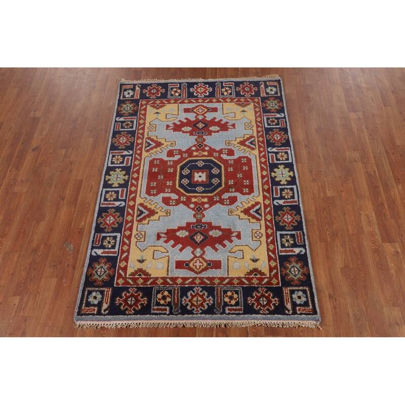 Blue Geometric Kazak Oriental Foyer Rug Handmade Wool Carpet - 4'0"x 5'10"