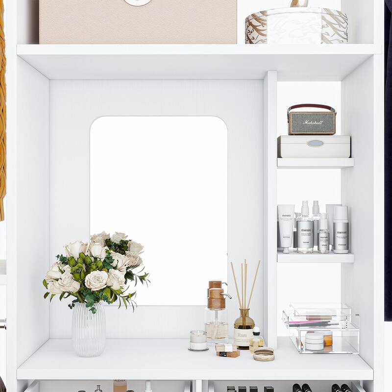 Cimly Wall-mounted Closet System with 32'' Makeup Vanity Desk, Space-saving Organizer with Hanging Rods and Mirror