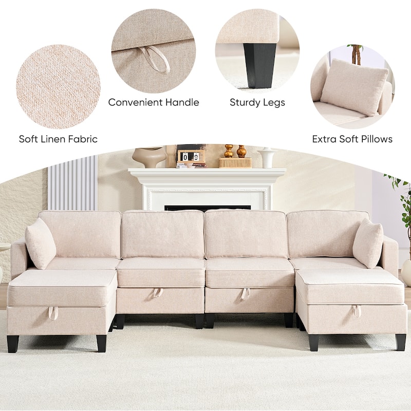 Mixoy Flexible Combination Reversible 4-Seater Modular Sofa with Ottomans,Linen Convertible Sleeper Sofa Bed with Storage Space