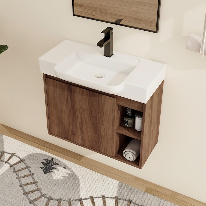 Malwee 24"/28" Floating Bathroom Vanity,Wall Mounted Bathroom Vanity with Ceramic Sink and Soft Close Door - Brown - 28"×15"