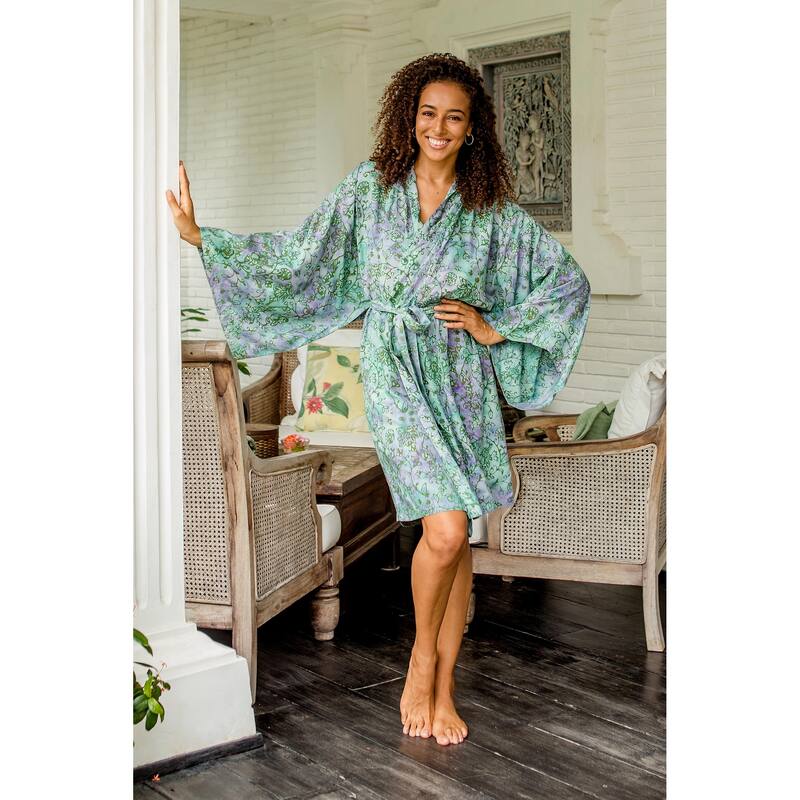 Novica Handmade Green Gardens Hand-Painted Rayon Robe