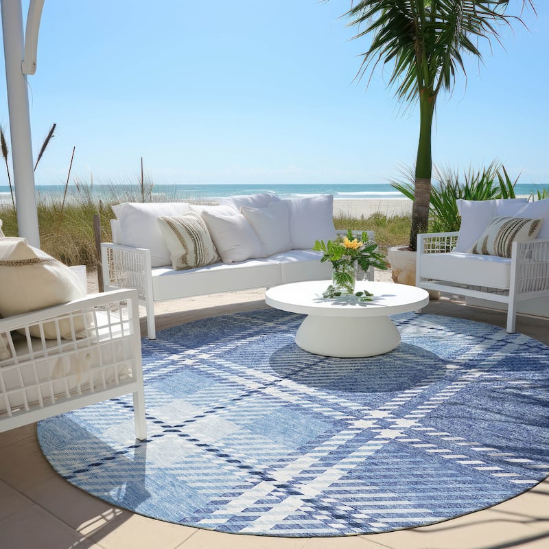 Machine Washable Indoor/ Outdoor Chantille Plaid Cozy Rug - Denim - 8' x 8'