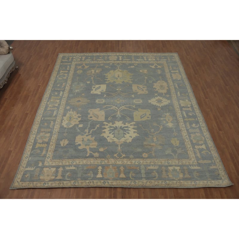 Handmade Floral Oushak Vegetable Dye Large Rug, Floral Geometric Carpet - 14' 4'' X 12' 1''