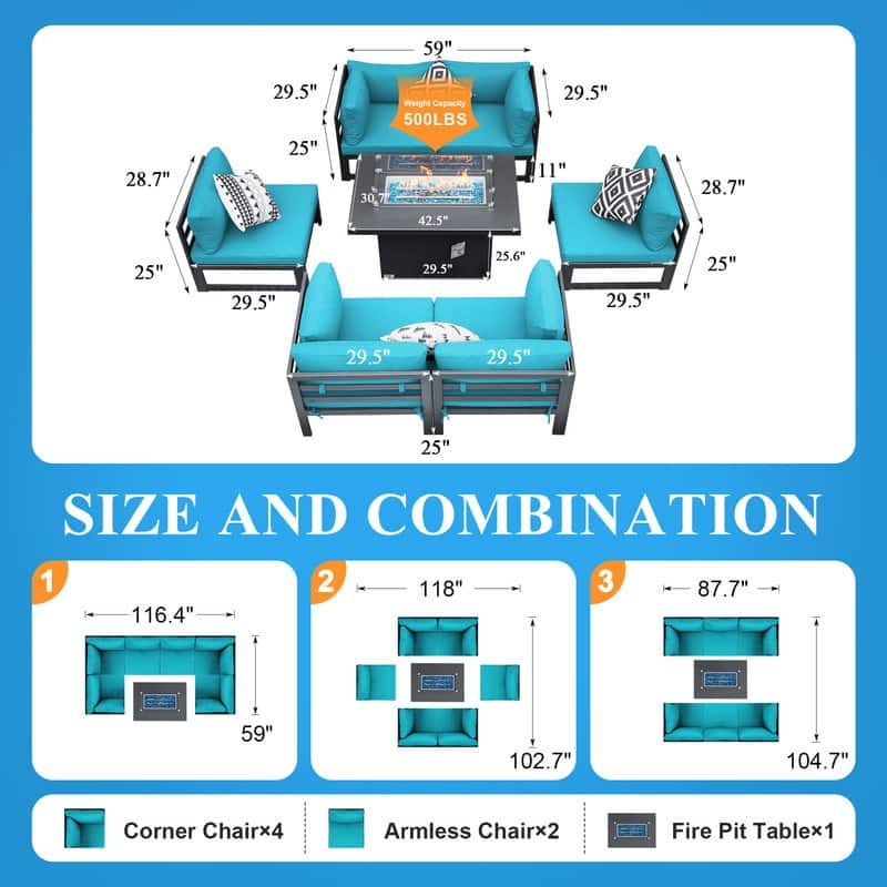 FINCATI 7 Pcs Patio Furniture Set Outdoor Sectional Sofa Set with Firepit Table - 7 Pieces