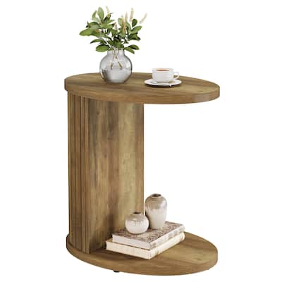 C-Shaped End Table for Couch, Fluted Sofa Side Table with Shelf