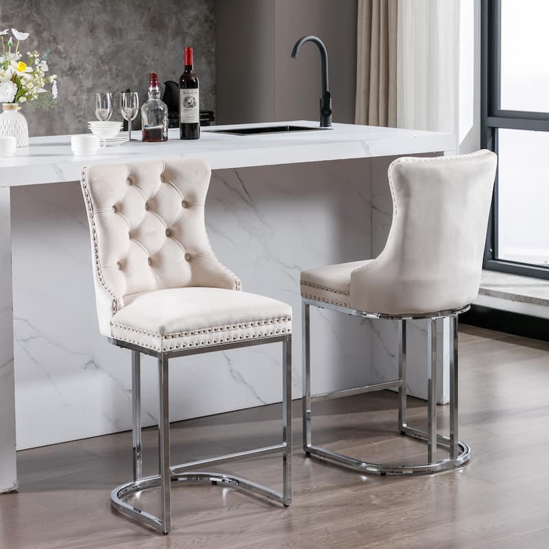 Counter Height Bar Stools Set of 2, Velvet Upholstered Accent Chairs with Button Back, Rivet Trim and Chromed Metal Base Legs