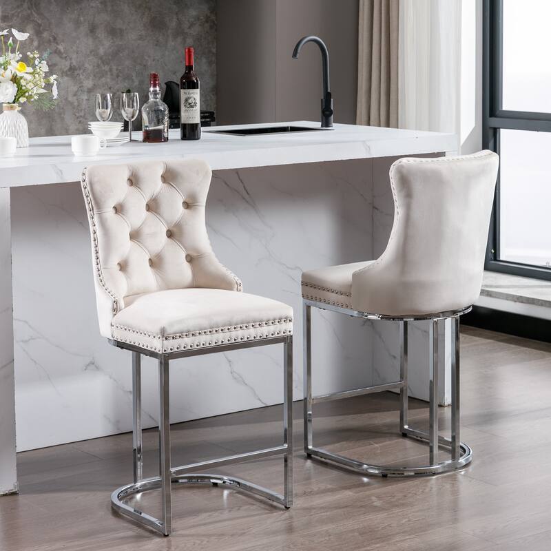 GDF Studio - Riveton Modern Velvet Upholstered 26" Counter Height Bar Stools with Button Tufted Back & Rivet Trim (Set of 2)