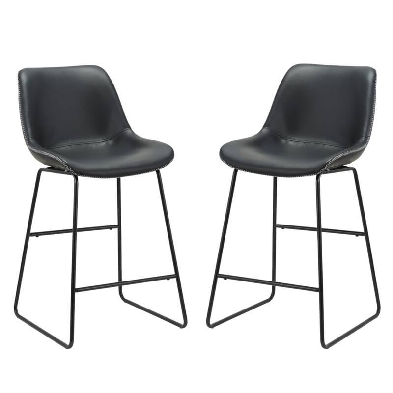 Set of Two Black Faux Leather Bar Chairs with Low Back and Metal Frame - 20” x 21” x 38” - Black