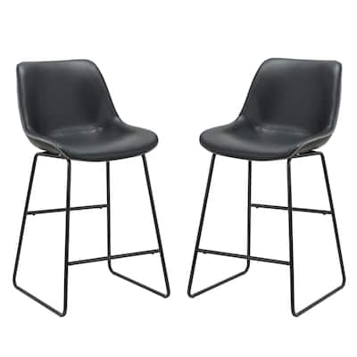 Set of Two Black Faux Leather Bar Chairs with Low Back and Metal Frame - 20” x 21” x 38”
