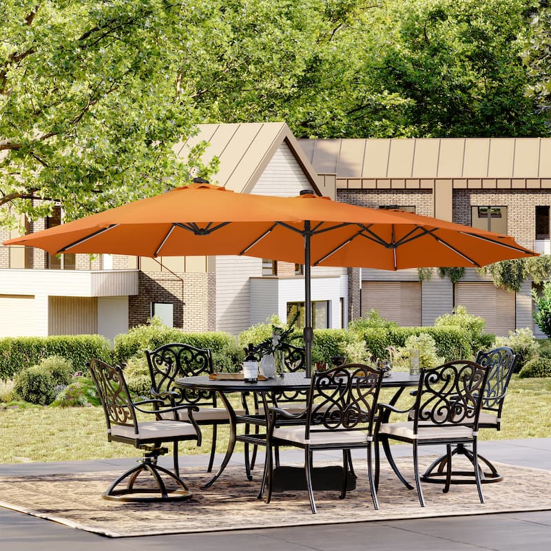 Clihome 15Ft Outdoor Solar Lights Rectangular Crank Market Umbrella, with Base - Orange