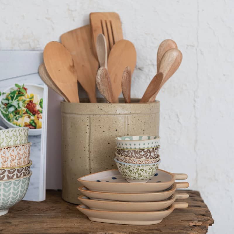 Decorative Stoneware Crock with Line Detail - 6.0"L x 6.0"W x 5.9"H
