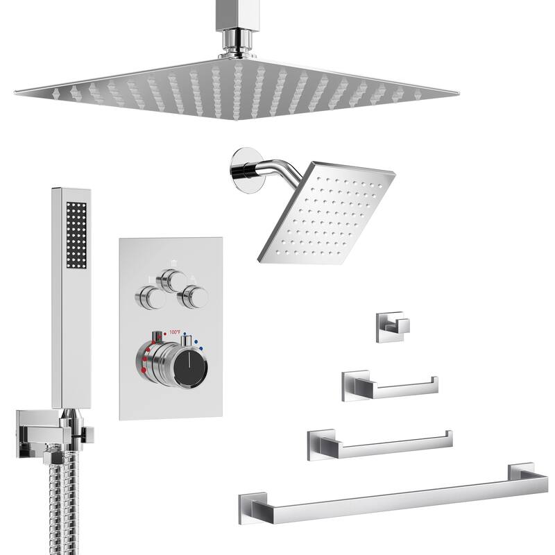 GRANDJOY Dual Shower Heads 12" Rainfall Shower System with 4-Piece Bathroom Towel Rack Combo Set - Brushed Nickel
