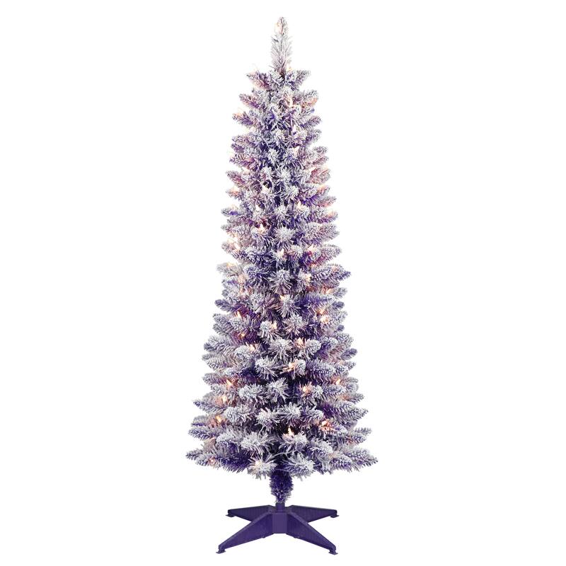 Puleo International 4.5 ft. Pre-Lit Flocked Fashion Purple Pencil Artificial Christmas Tree