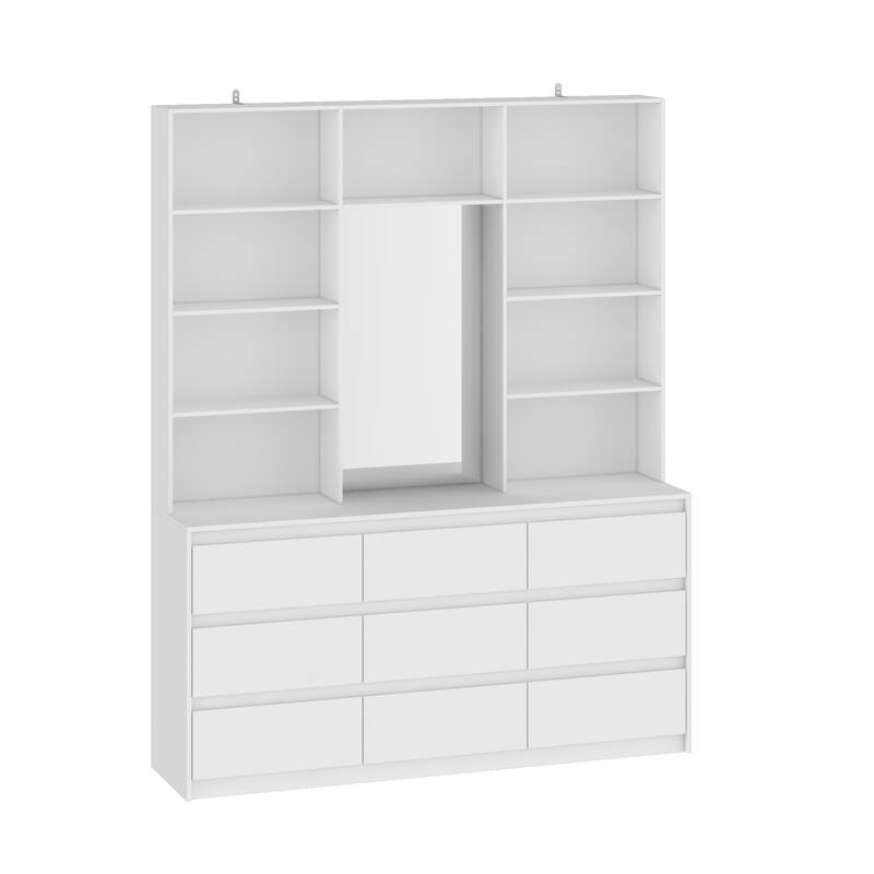 Chest White Storage Cabinet w/Mirror for Bedroom, Dresser Shelving Unit