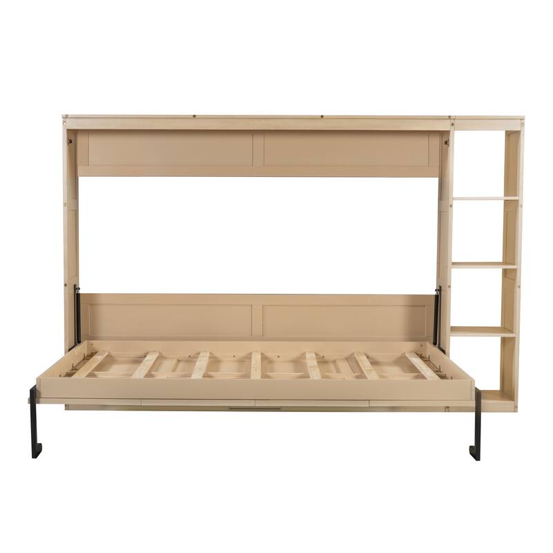 Full Size Murphy Bed Cabinet with Bookshelf, Space-Saving Foldable Wood Wall Bed Frame w/Hidden Bed Foundation & Slats Support