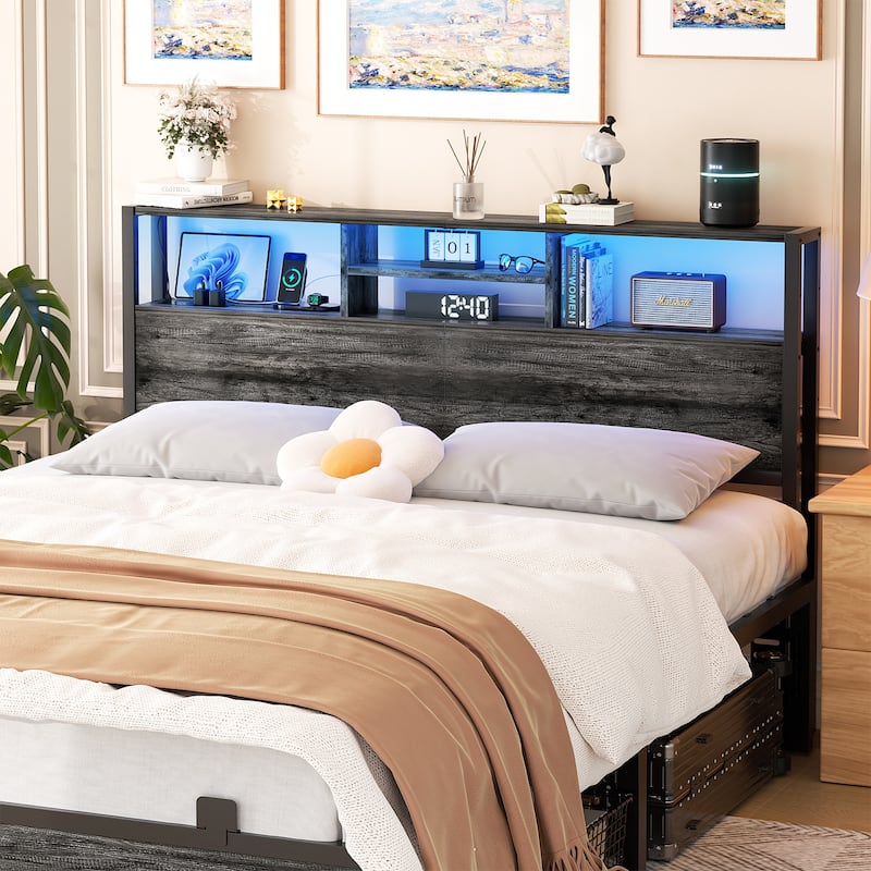 Headboard with Storage and Charge Station, Platform Bed Heaboard with LED Lights - Grey Oak - Queen