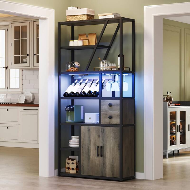 Farmhouse Bar Cabinet with Wine Rack,Bakers Rack with Power Outlet and LED Light