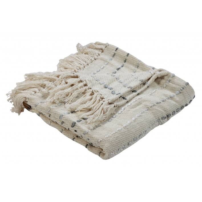 50" X 60" Cream Kantha Cotton Striped Throw Blanket with Embroidery
