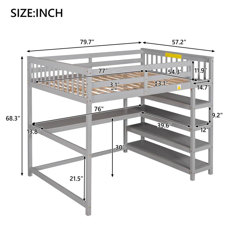 Full Size Loft Bed with Storage Shelves and Under-bed Desk in Gray