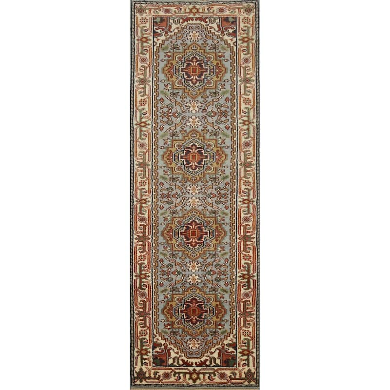 Hand Knotted Oriental 100% Wool Carpet Traditional Geometric Greys & Charcoal Heriz (serapi) Runner Rug - 9' 10'' X 2' 7''