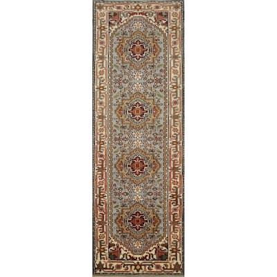 Hand Knotted Oriental 100% Wool Carpet Traditional Geometric Greys & Charcoal Heriz (serapi) Runner Rug - 9' 10'' X 2' 7''