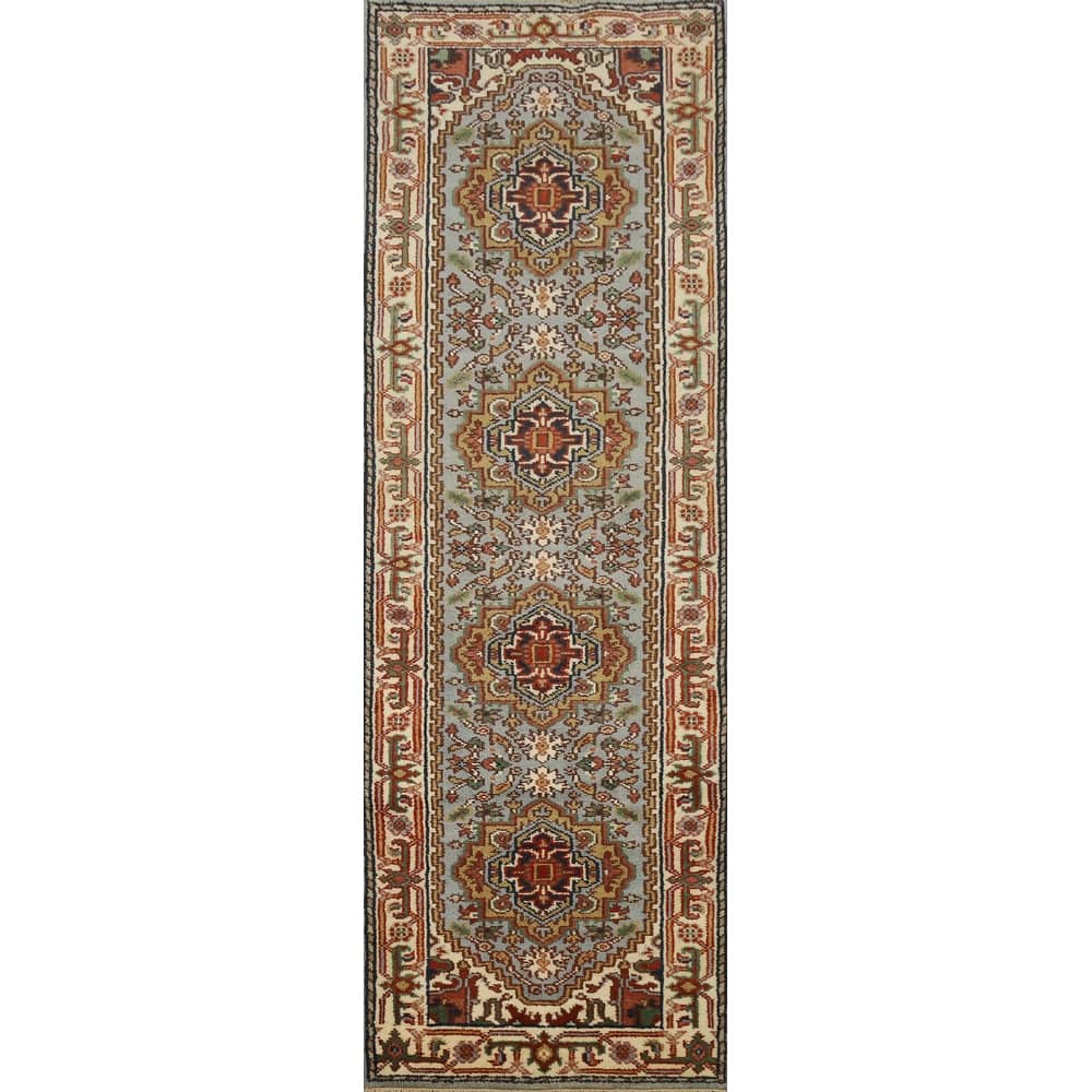 Hand Knotted Oriental 100% Wool Carpet Traditional Geometric Greys & Charcoal Heriz (serapi) Runner Rug - 9' 10'' X 2' 7''