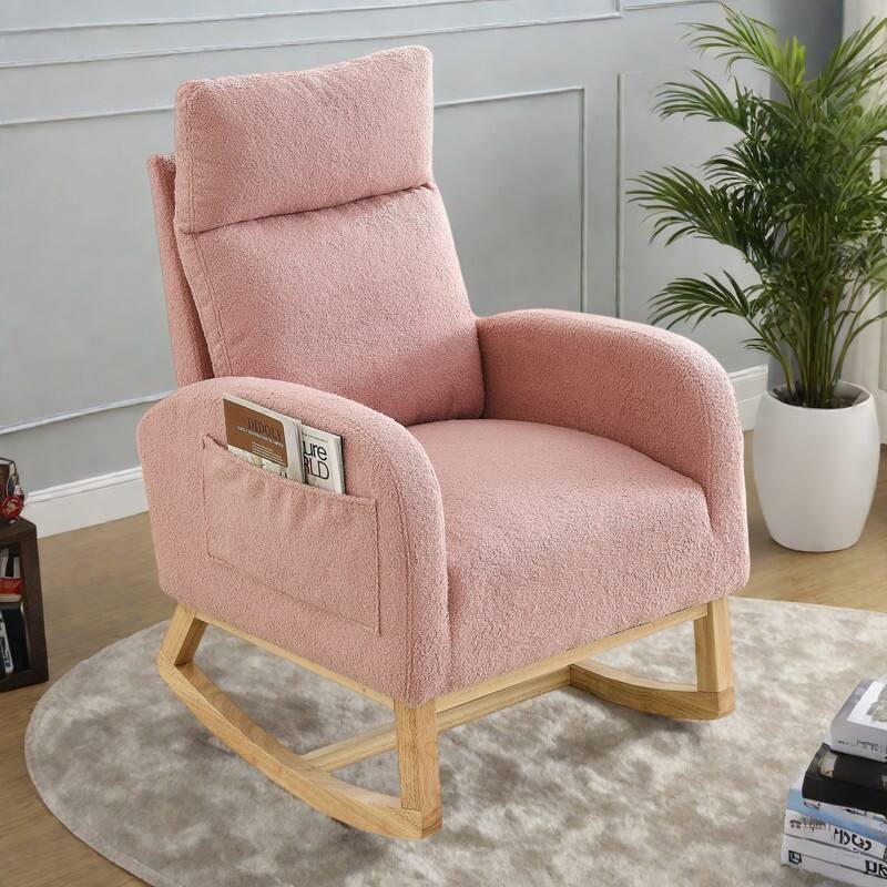 Teddy Fabric Rocking Chair High Back Lounge Chair with Side Pockets and Ergonomic Support