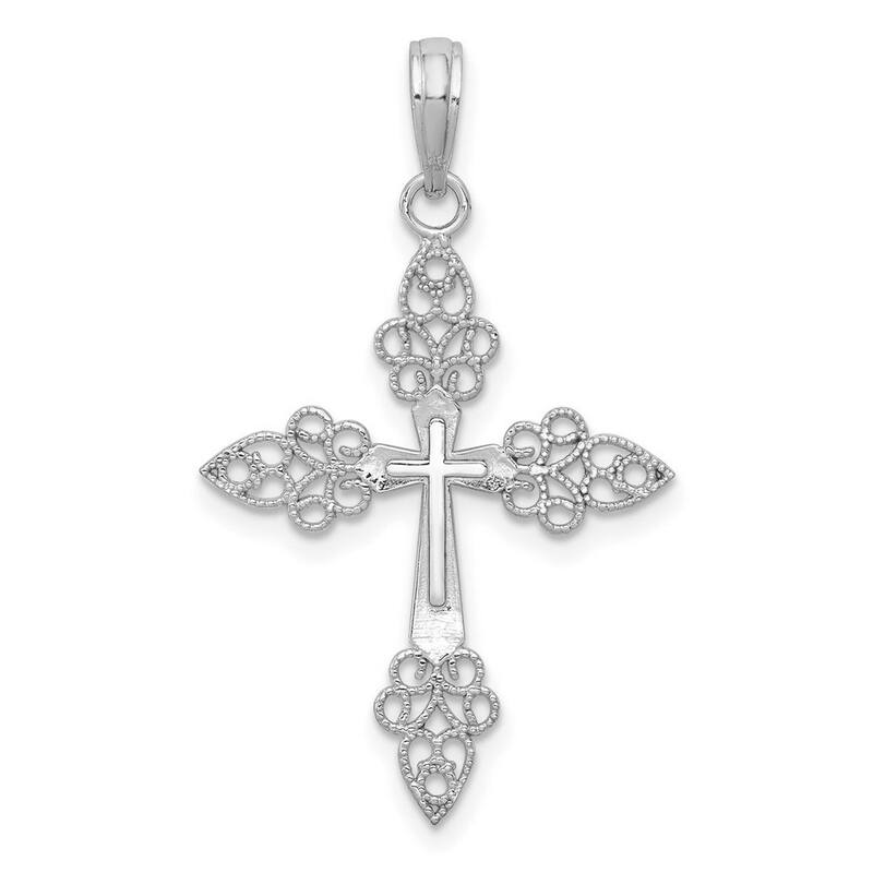 Curata 14k White Gold Solid Filigree Beaded Tip Cross Necklace 19mm x 24.9mm