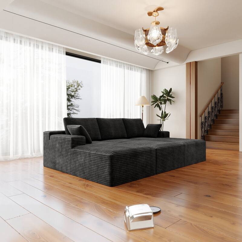 Roomfitters 98.4" Modular Sectional Sofa, 4-Piece Compressed Cloud Couch, No Assembly Required, Plush Corduroy, Grey