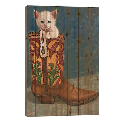 Puss En Bota Print On Wood by Holly Wood - Multi-Color