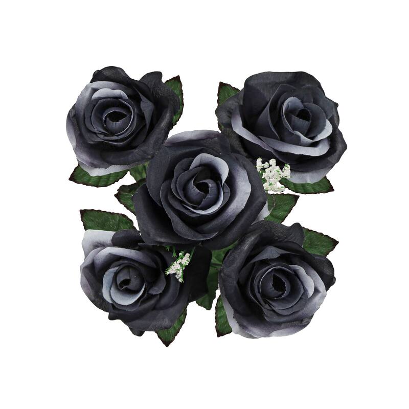 Set of 12 Black White Artificial Open Rose Flower Stem Bush Bouquet 14in - 14" L x 7" W x 7" DP