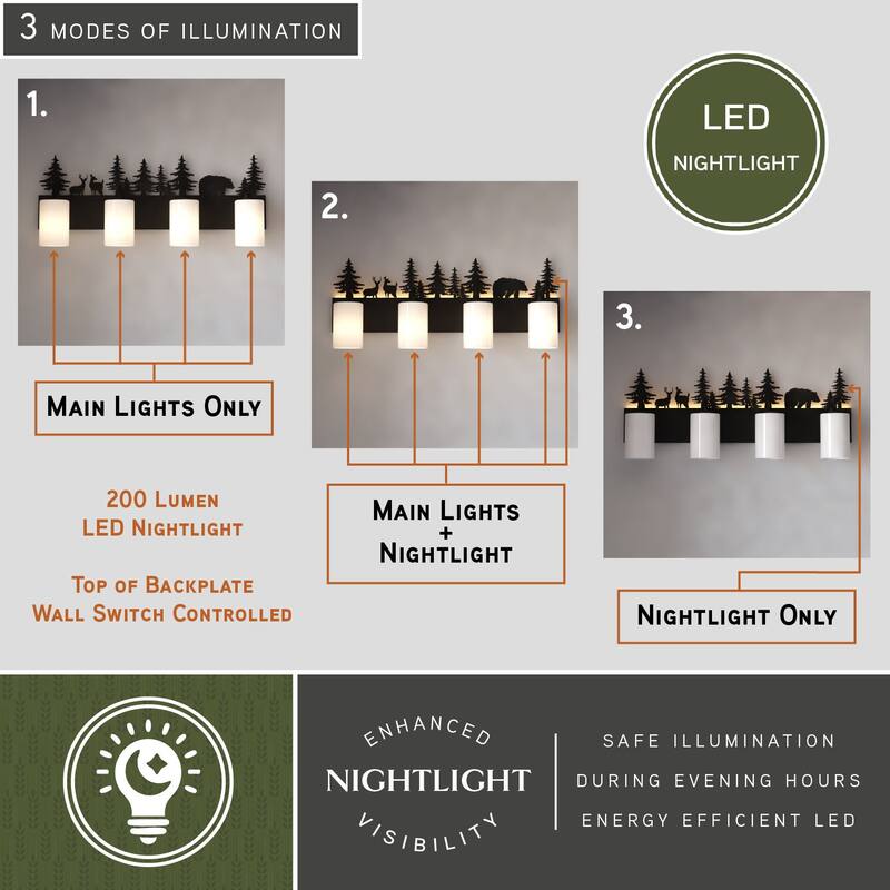 VAXCEL Acadia Bronze Rustic Wildlife Bathroom Vanity Lighting Wall Fixture with Nightlight, Frosted White Glass Shade