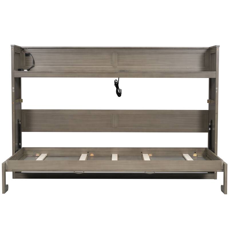 GDFStudio - Solid Wood Twin XL Murphy Bed with Desk, LED Light, USB Charging and Storage