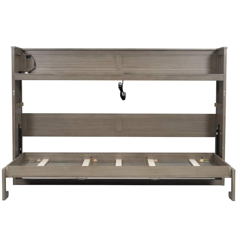 Twin XL Size Solid Wood Murphy Bed with Desk, LED Lighting, and USB Charging Station