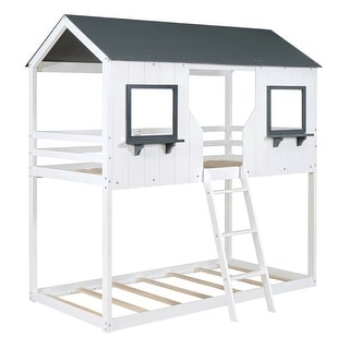 Reliable Safety Design Twin Over Twin Bunk Bed Wood Bed with Roof, Window, Guardrail, Ladder