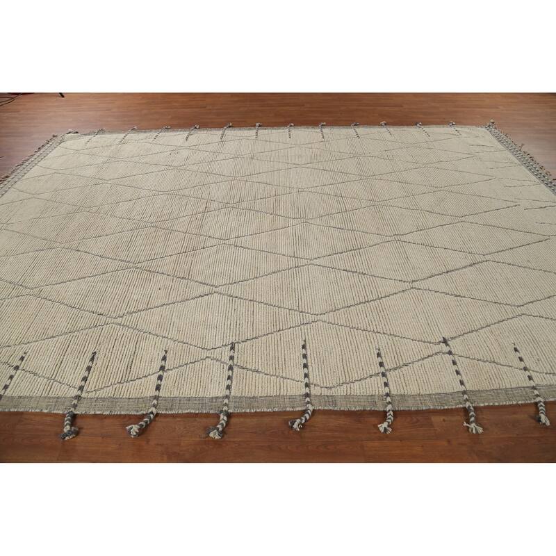All-Over Trellis Ivory Moroccan Rug Hand-Knotted Wool Carpet - 8'8"x 12'11"