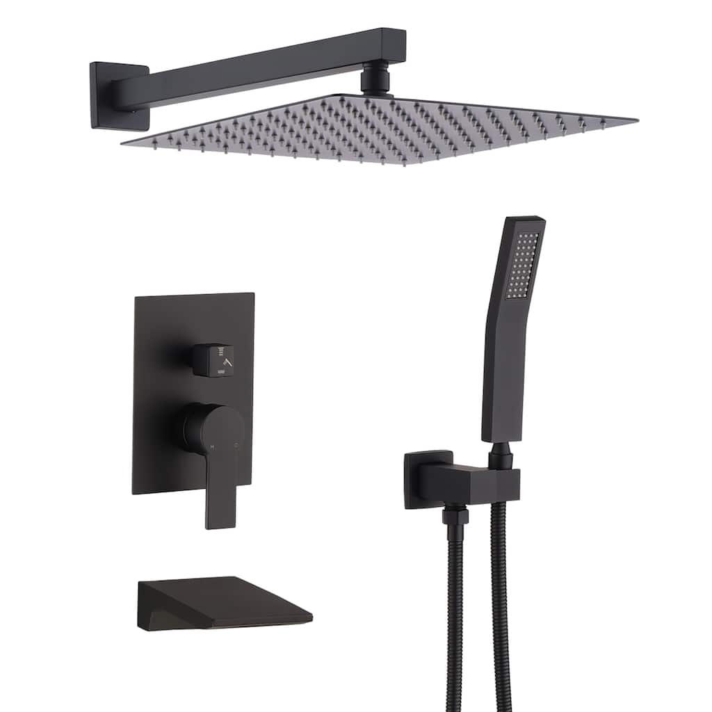 Roomfitters Matte Black Shower Faucet Set, 3-Way Rainfall Shower System with Handheld Spray, Waterfall Tub Spout, Valve Included