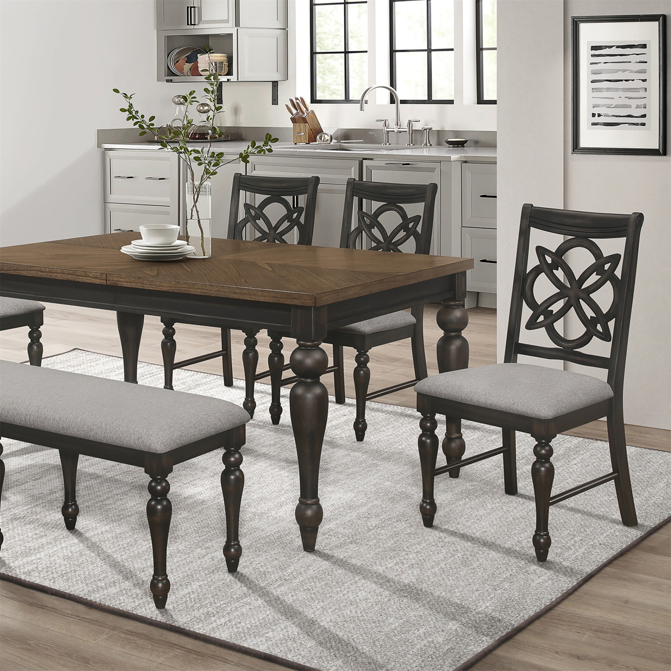 Gray Two Tone Finish Solid Wood Fabric Wooden Dining Chair Set of