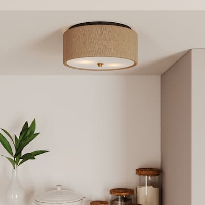 Juluca Boho Flush Mount Ceiling Light Fixture with Frosted Glass Diffuser and Seagrass Shade