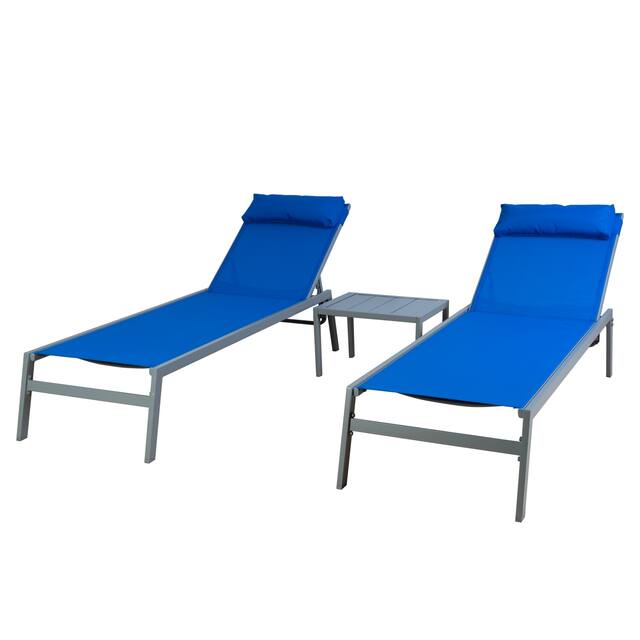 Kozyard Wilson Adjustable Wrought Iron Frame Seat Chaise Lounge Chair (2 Pack) - Blue with Table