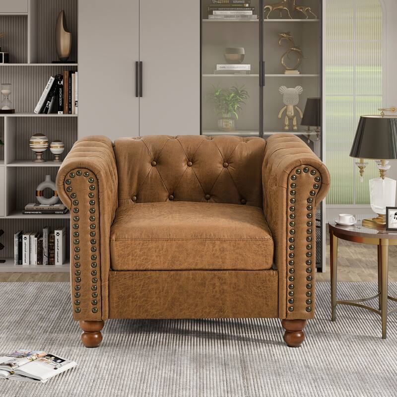 Brown Chesterfield 31.89" Button Tufted Upholstered Single Sofa with Nailheads and Turned Legs for Living Room - Brown