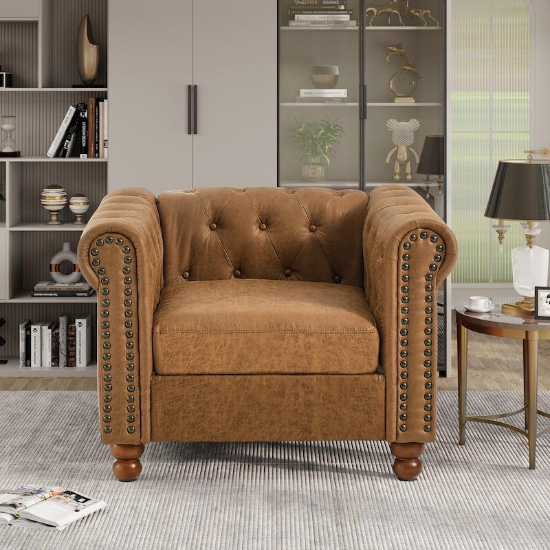 Classic Traditional Living Room Upholstered Sofa with high-tech Fabric Surface/ Chesterfield Tufted Fabric Sofa Couch - Brown