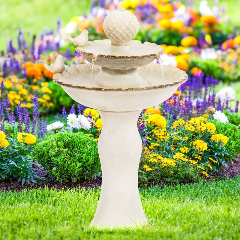 Sunnydaze 2-Tier Resting Birds Ceramic Outdoor Water Fountain - 27"