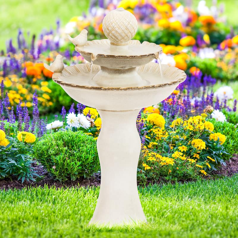 Sunnydaze 2-Tier Resting Birds Ceramic Outdoor Water Fountain - 27" - White