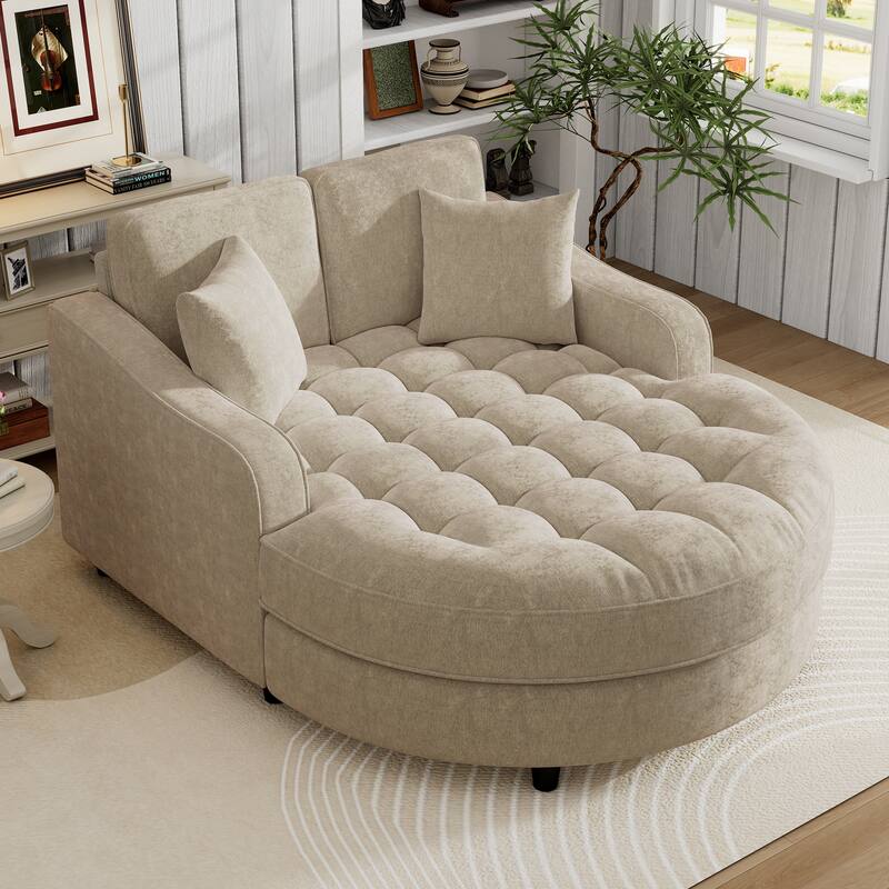 Chenille Chaise Lounge Sofa Bed, Upholstered Sofa Couch with Tufted Backrest and 2 Detachable Pillows for Living Room - Champagne