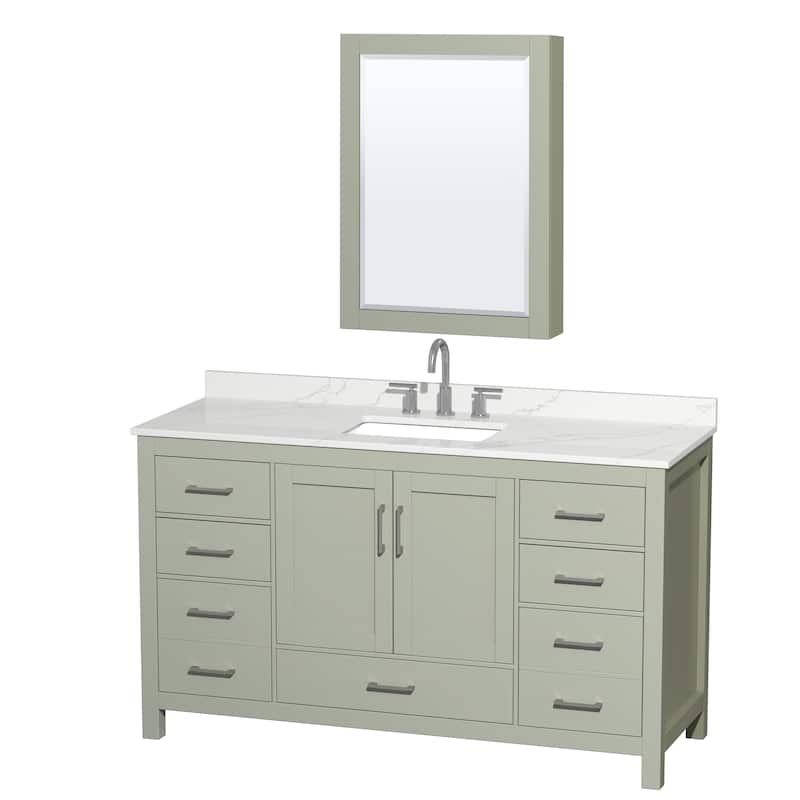 Sheffield 60-inch Single Vanity, 3 Hole Quartz Top, Med Cabinet - Light Green, Nickel Trim, Giotto Quartz Top