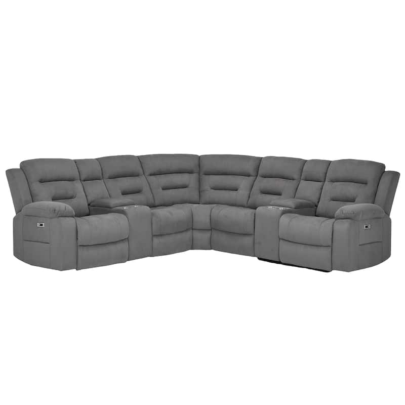7PCS, 2 Power Recliners, Fabric Reclining Sectional with Power Headrest & Lumber - Grey