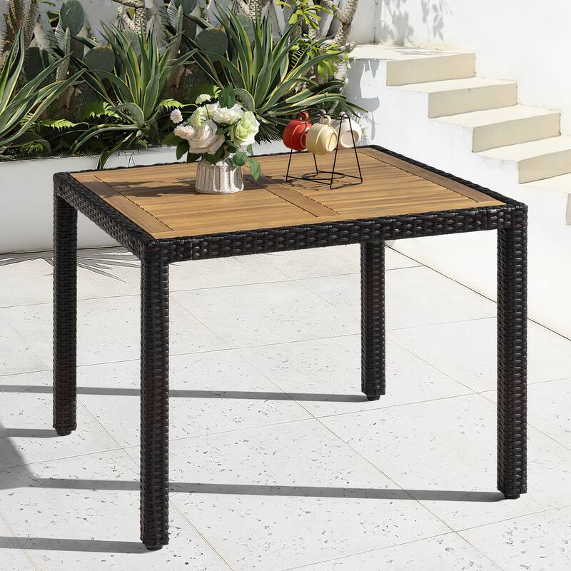 Patio Dining Table, Acacia Wood Top, PE Rattan-Wrapped Metal Frame, Black