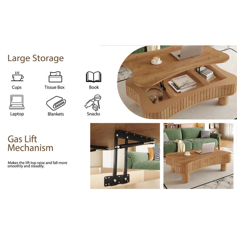 Lift Top Coffee Table - Fluted Panel Hidden Storage,Silent Hydraulic Lift,Curved Safety Corners,5 Min Assembly