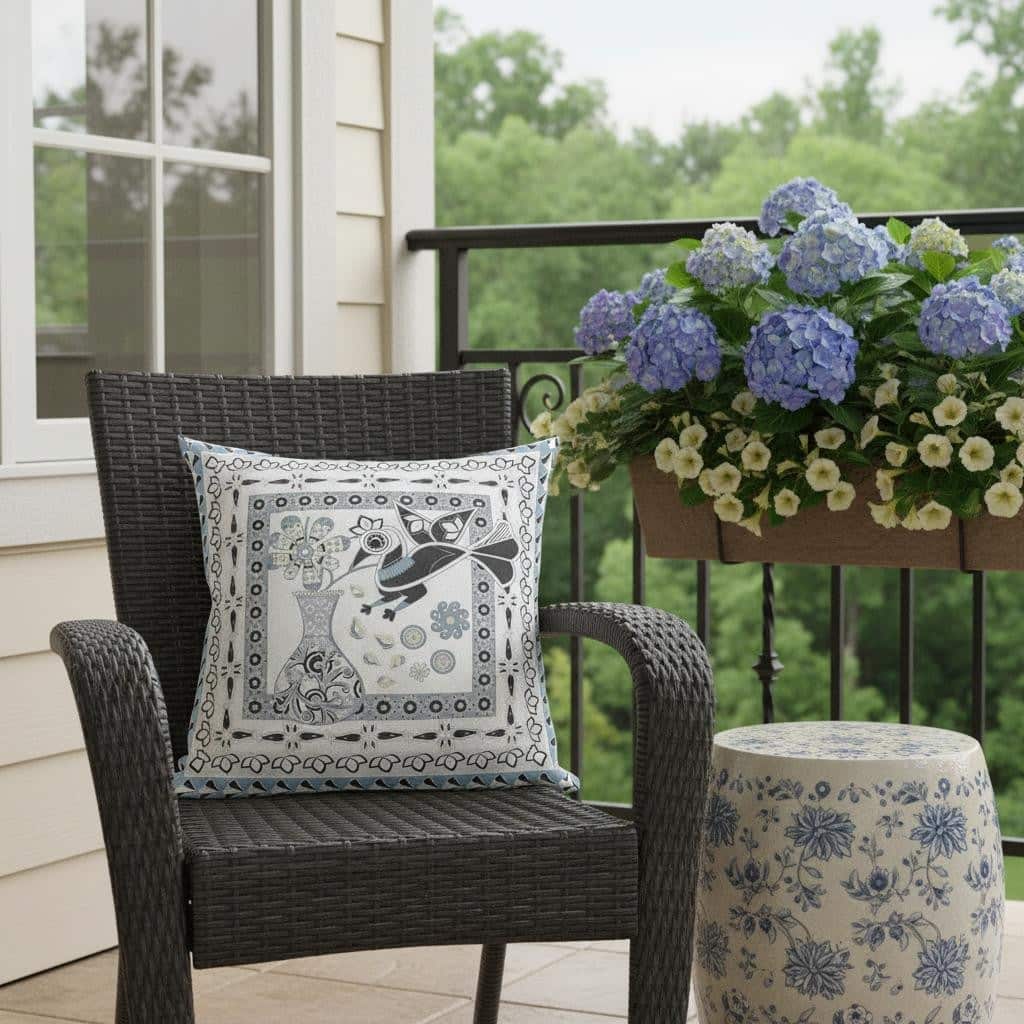 HomeRoots 26" x 26" Blue and White Bird Blown Seam Floral Indoor Outdoor Throw Pillow - 26.00' X '5.00' X '26.00